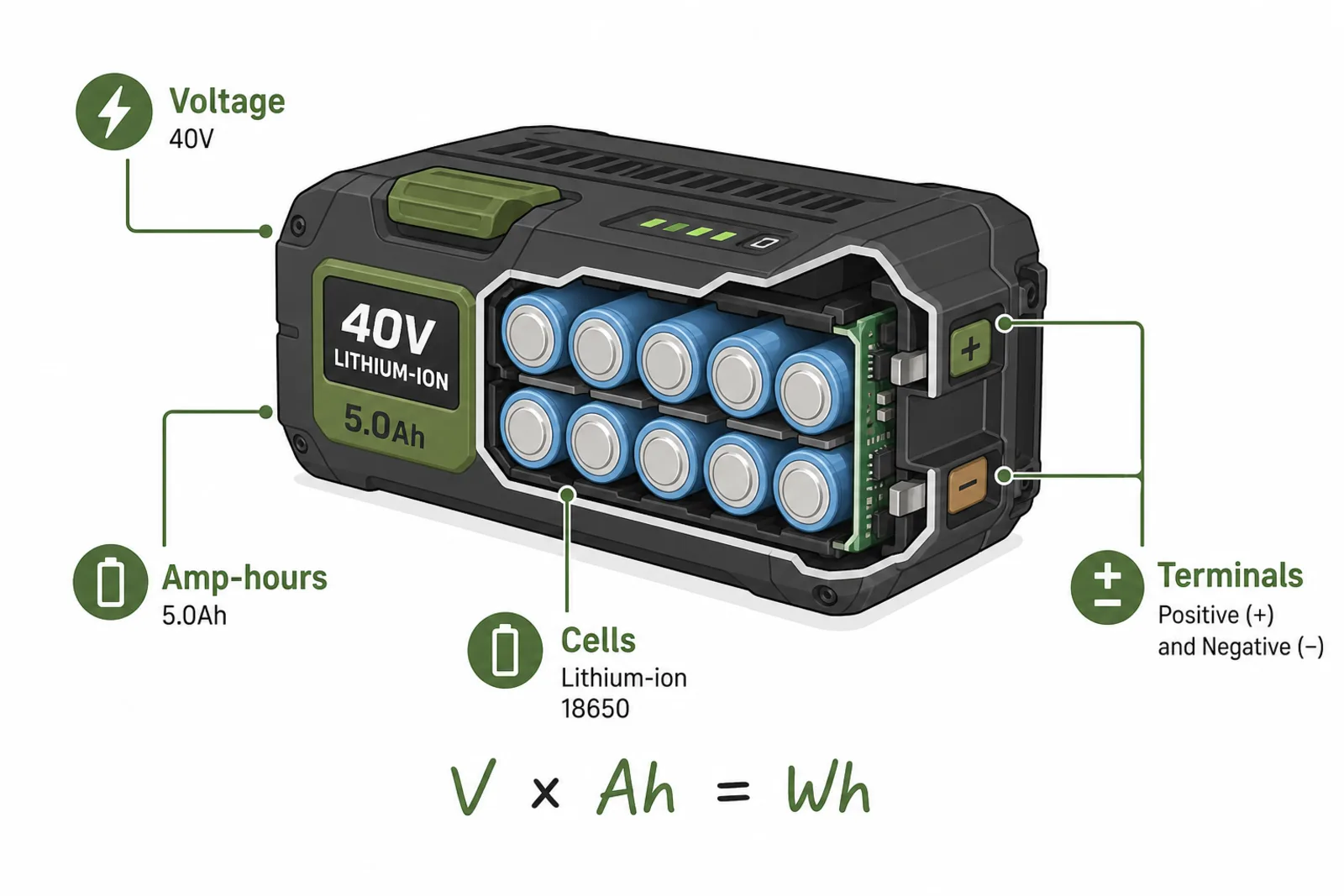 Diagram of a cordless mower battery pack showing the cells, voltage rating, amp-hour rating, and the watt-hours they combine to