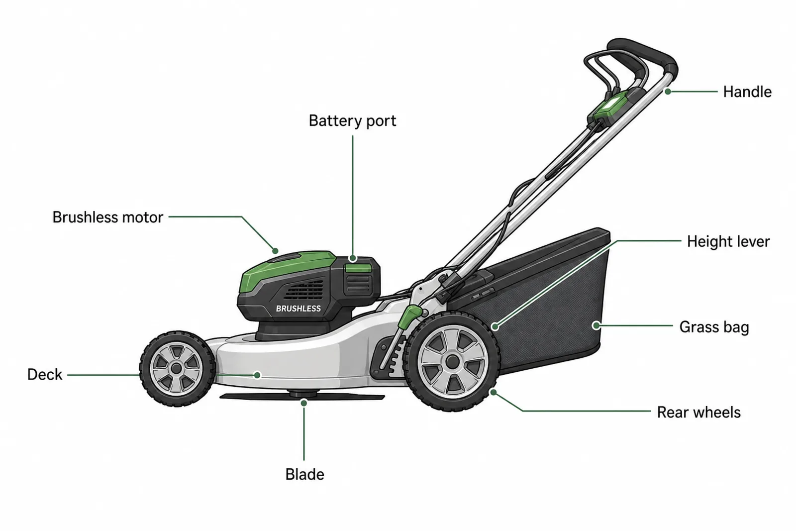 Labeled diagram of a cordless mower showing the deck, blade, handle, and battery position