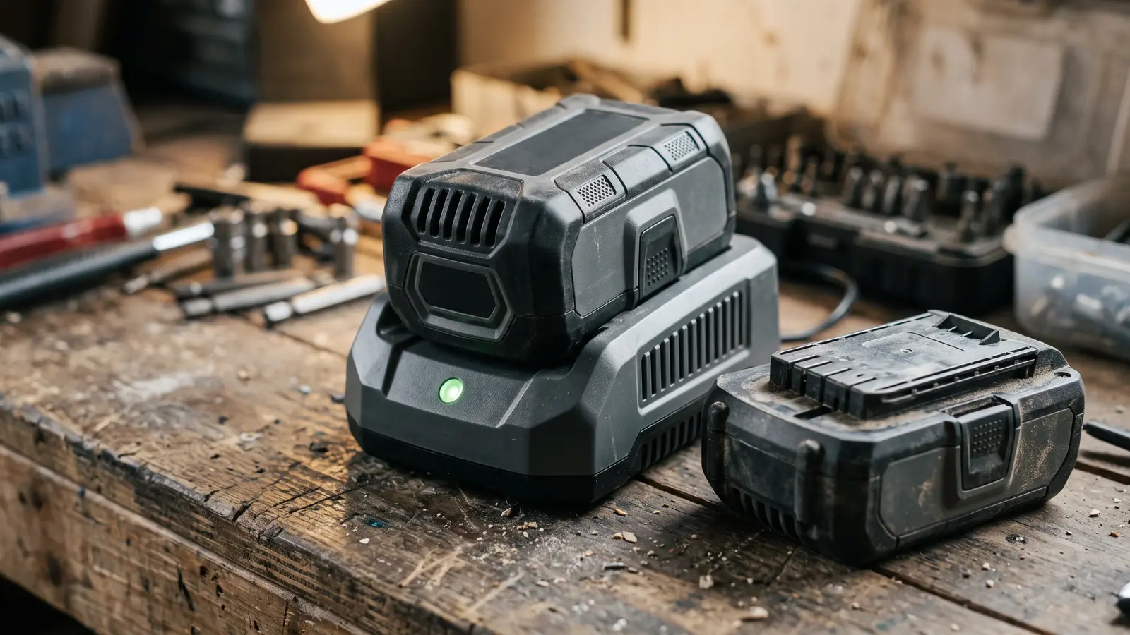 A cordless mower battery pack in its charger with a second spare pack beside it on a workbench. Illustrative image.