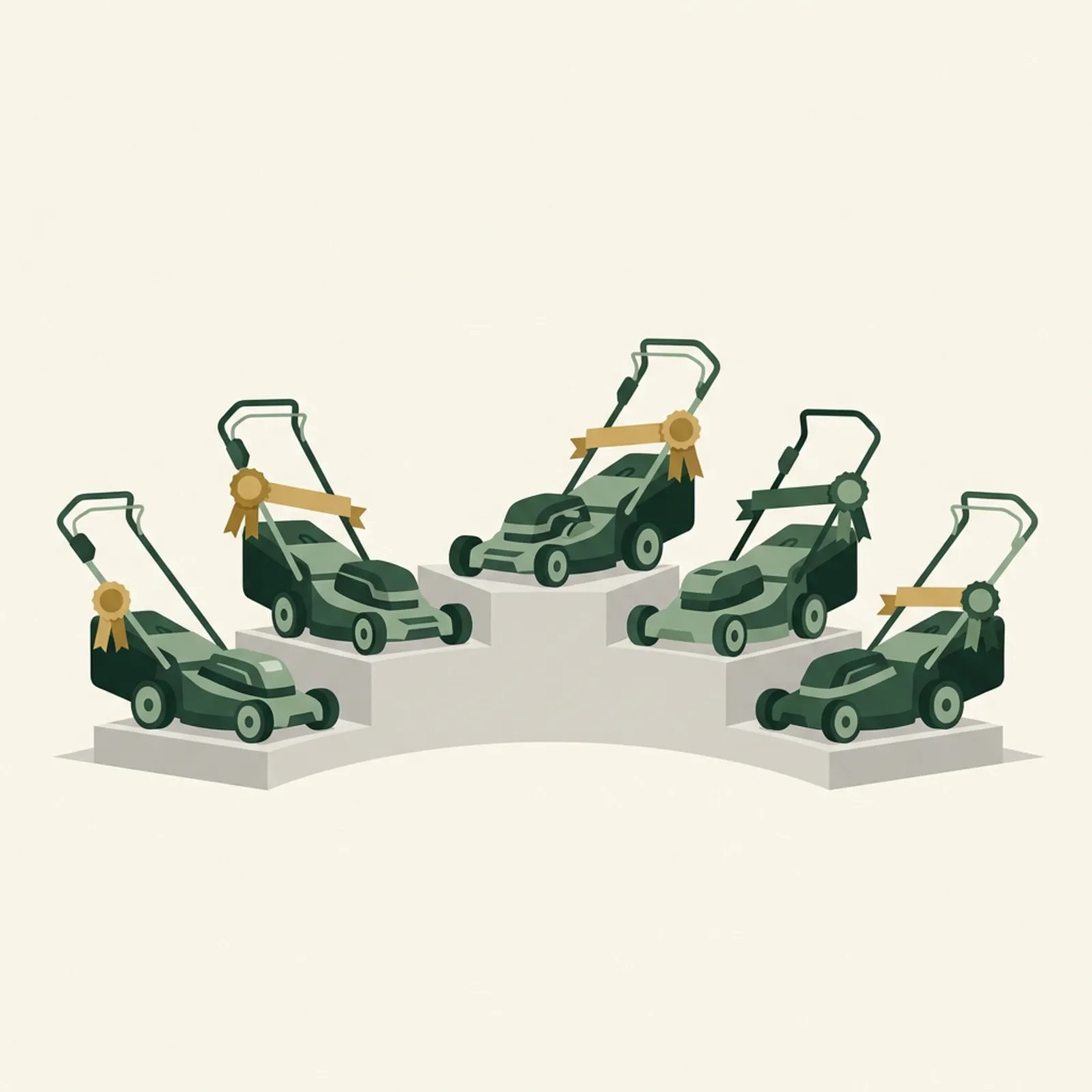 Five cordless lawn mowers from compact push models to large self-propelled decks lined up side by side on a mowed lawn.