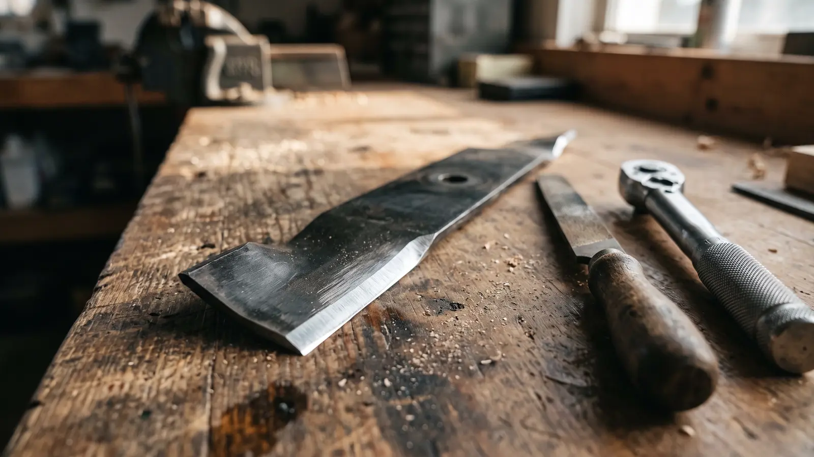 A sharpened lawn mower blade lying on a workbench beside a file and a torque wrench. Illustrative image.