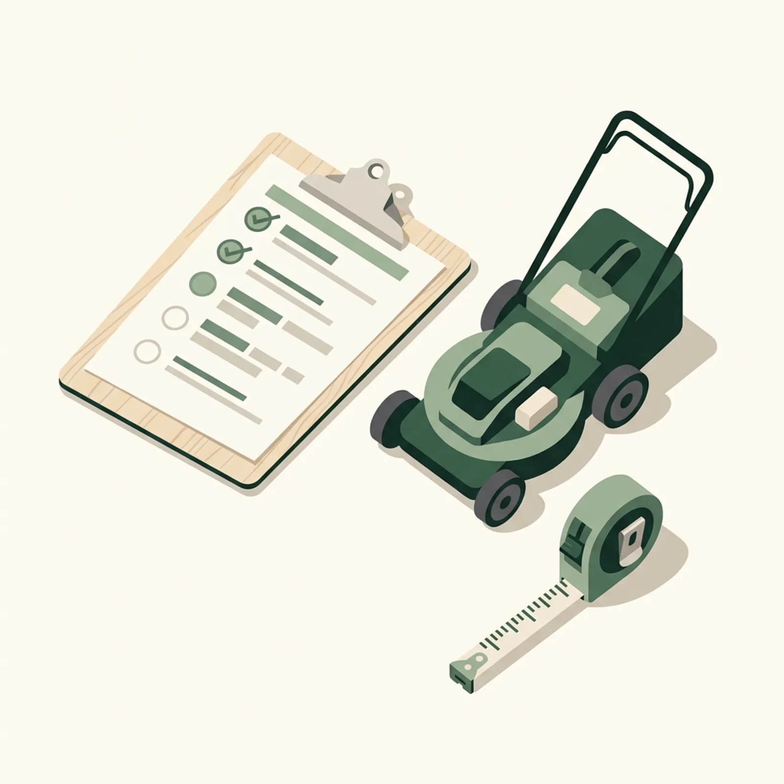 A cordless battery mower on a suburban lawn with a measuring tape laid across the cutting deck