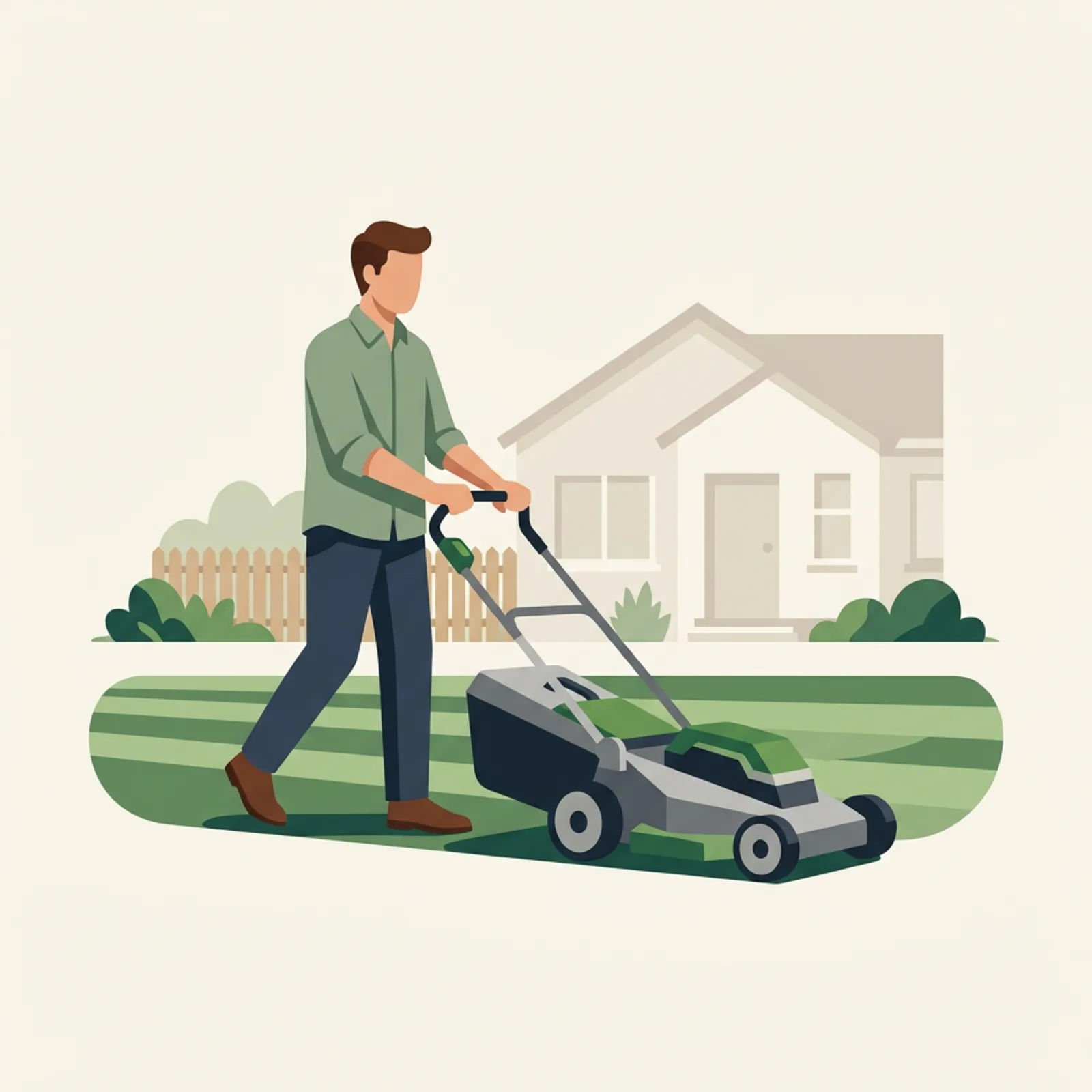A cordless lawn mower resting on a freshly striped suburban lawn in morning light.