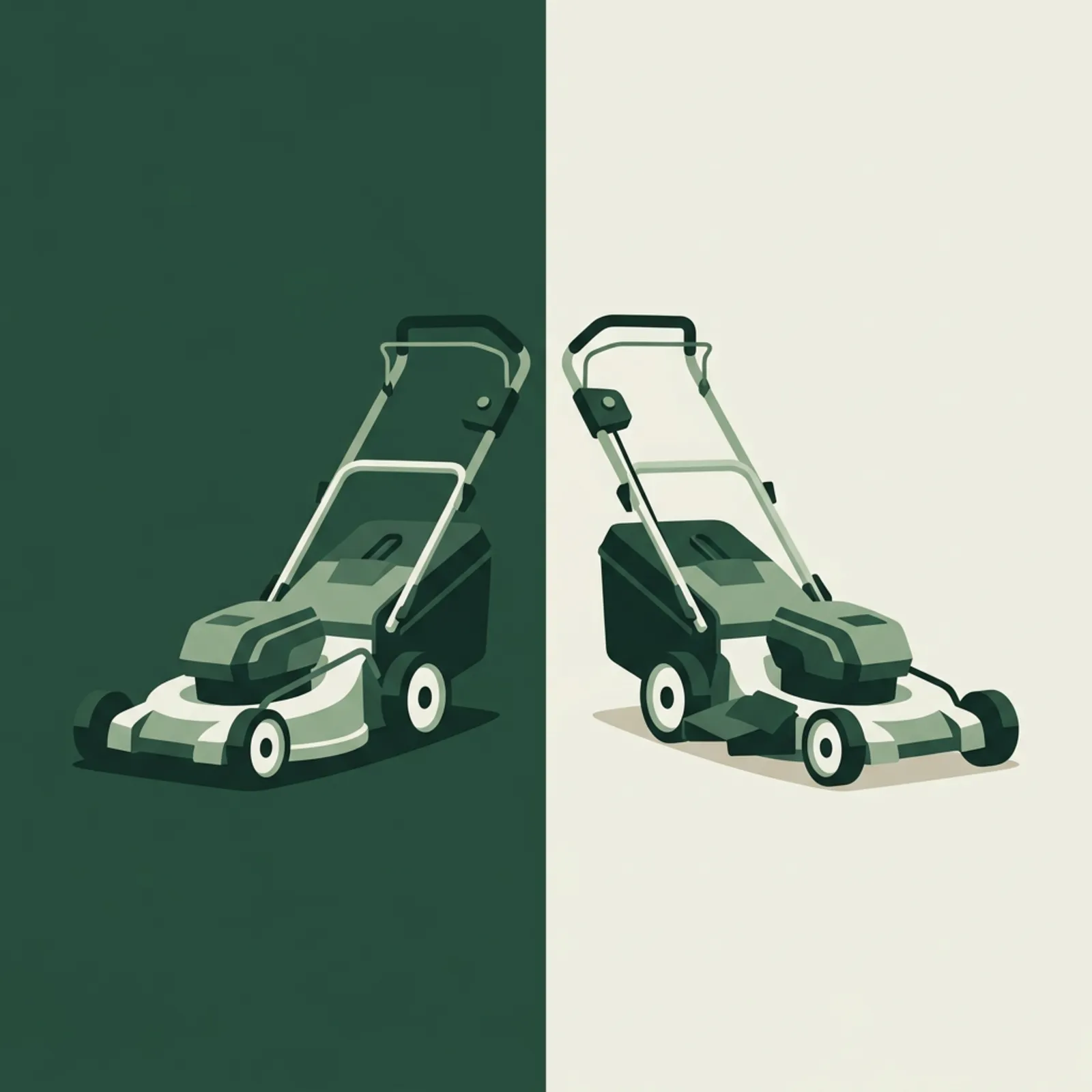 Two 21-inch self-propelled cordless mowers from different brands facing each other on adjacent mowed stripes.