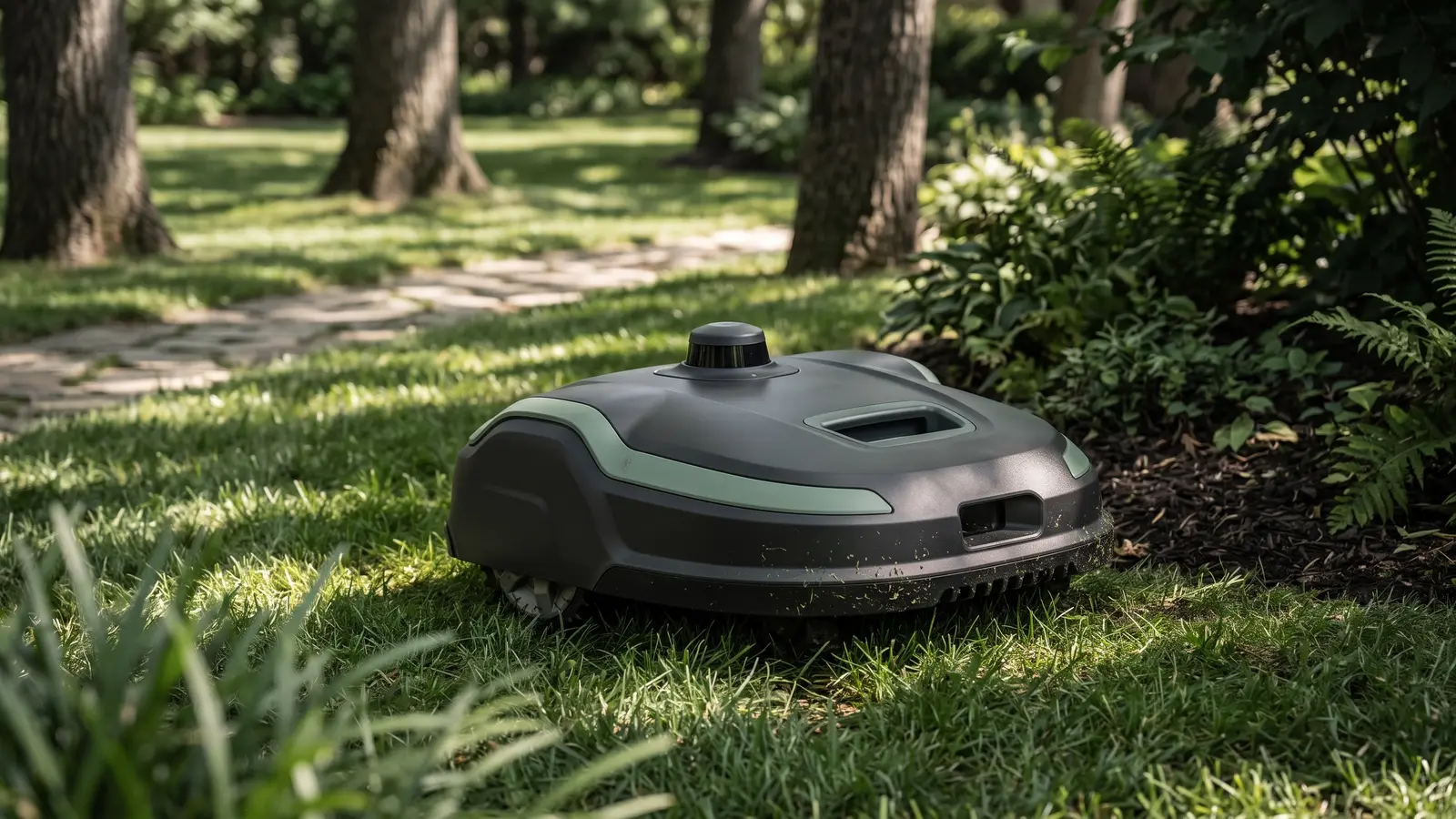 A robotic lawn mower with a dome LiDAR turret navigating dappled shade under mature trees at a lawn edge. Illustrative image.