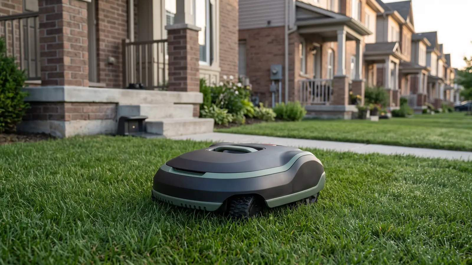 A compact robotic lawn mower working a small townhome front lawn with its charging dock by the porch step. Illustrative image.