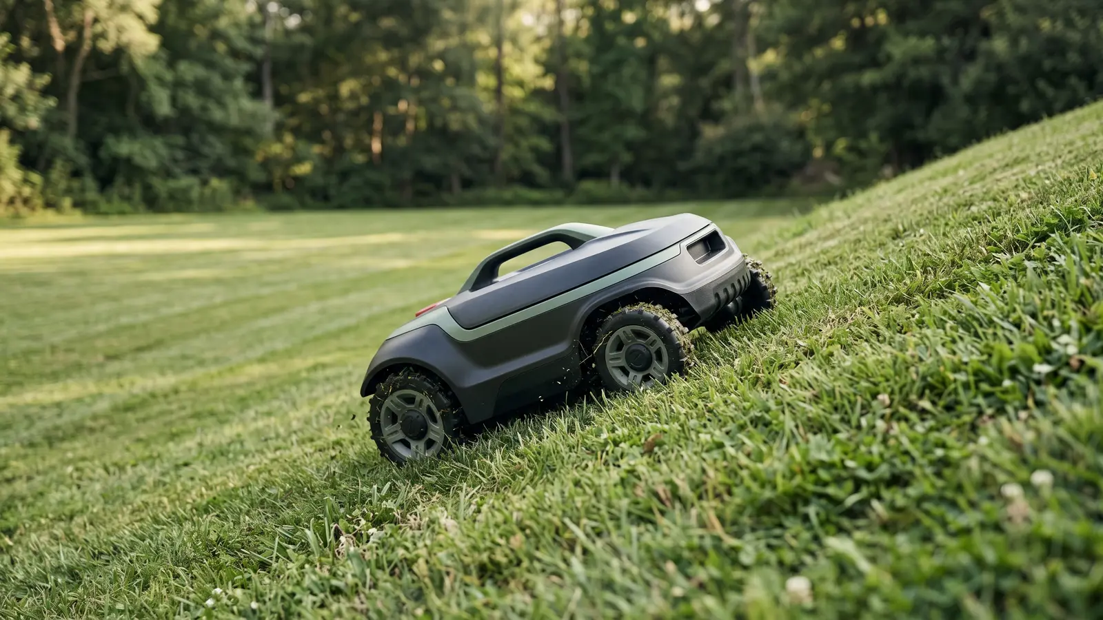 An all-wheel-drive robotic lawn mower climbing a grassy slope on a large property with mowing stripes below. Illustrative image.