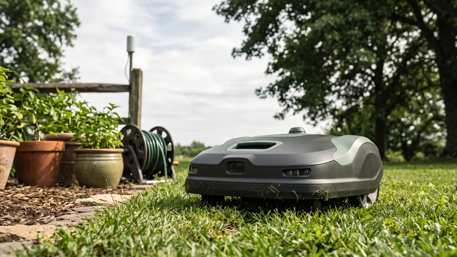 A robotic mower at a lawn edge with an RTK antenna on a fence post behind, heavy tree canopy to one side, and garden obstacles ahead. Illustrative image.