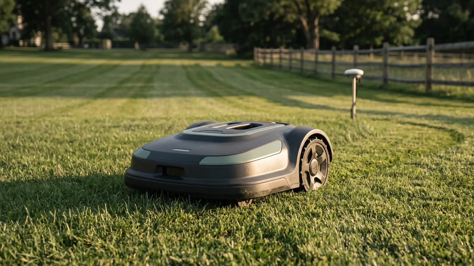 A flagship four-wheel-drive robotic mower cutting a clean lane across a large estate lawn with an RTK antenna in the distance. Illustrative image.