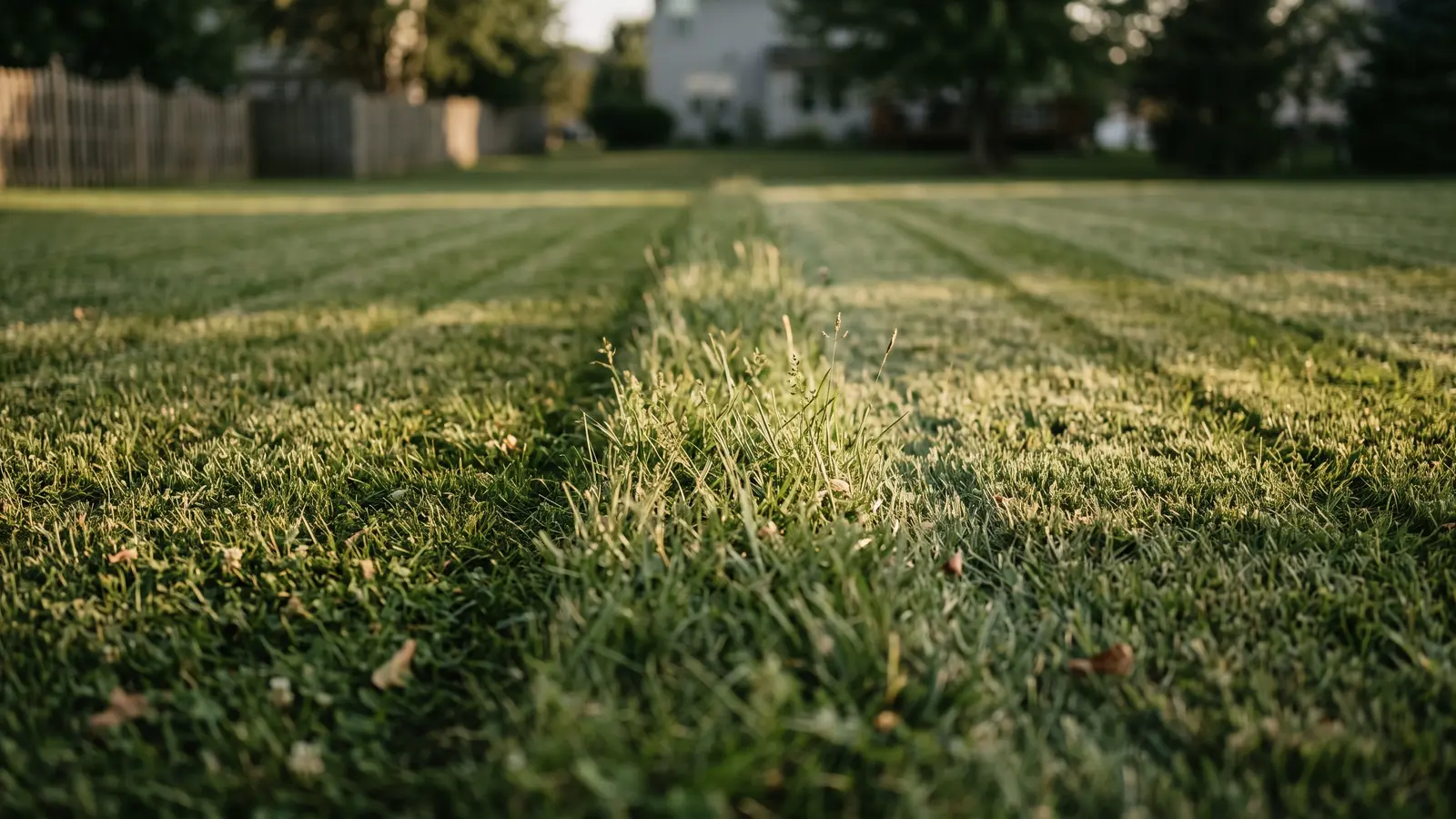 A suburban lawn with parallel mowing stripes and one narrow line of taller uncut grass between two passes. Illustrative image.