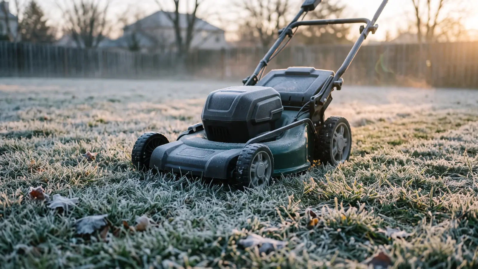 A cordless battery lawn mower standing on a frost-covered lawn at sunrise, waiting for its first spring start. Illustrative image.