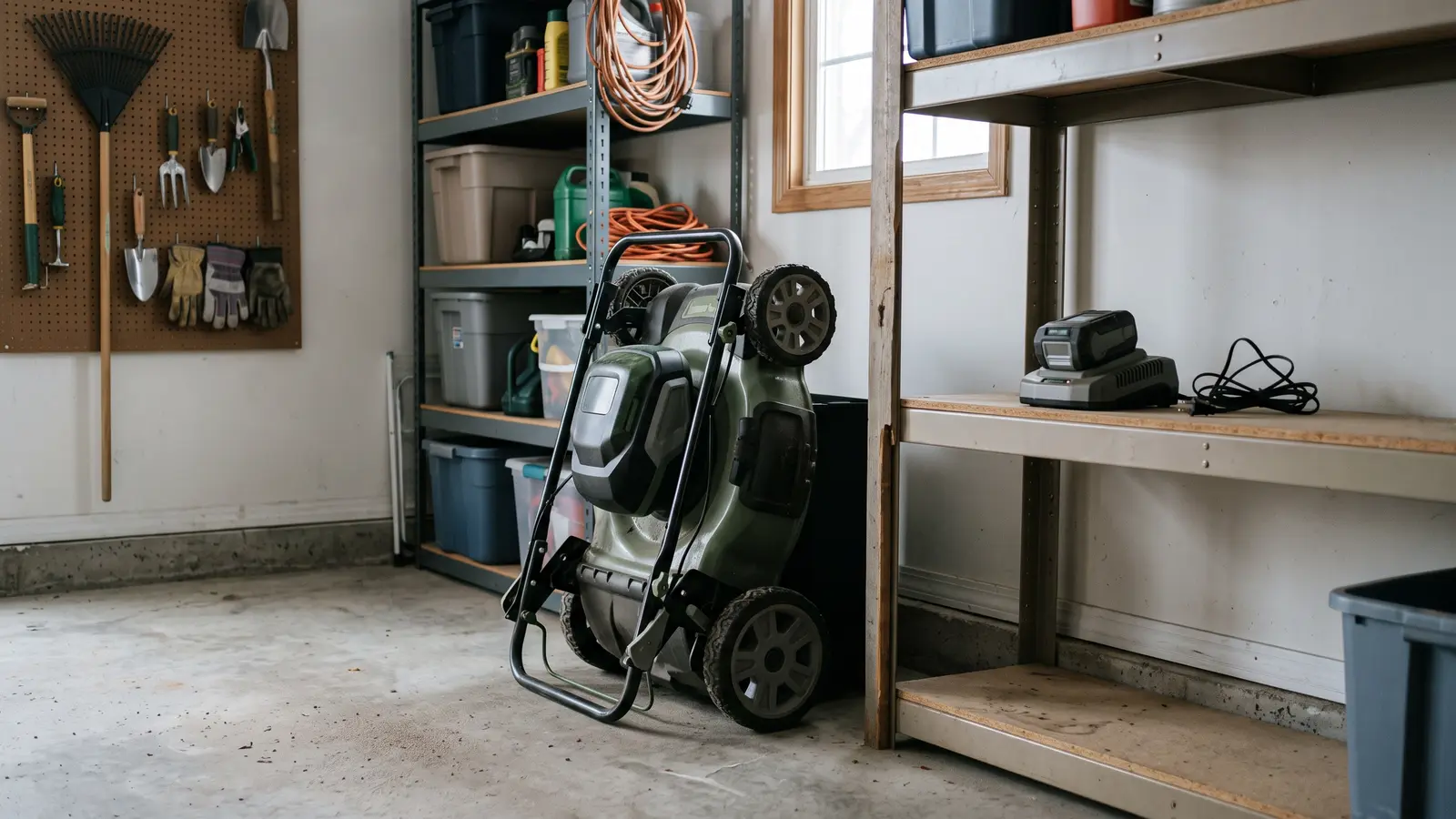 A cordless lawn mower stored upright in a tidy garage for winter, its battery pack and charger on a dry shelf above. Illustrative image.