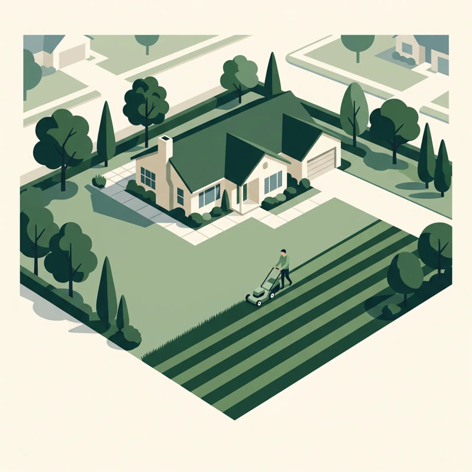 Wide half-acre suburban lawn mid-cut with a self-propelled cordless mower leaving striped rows, spare battery resting on a patio table.