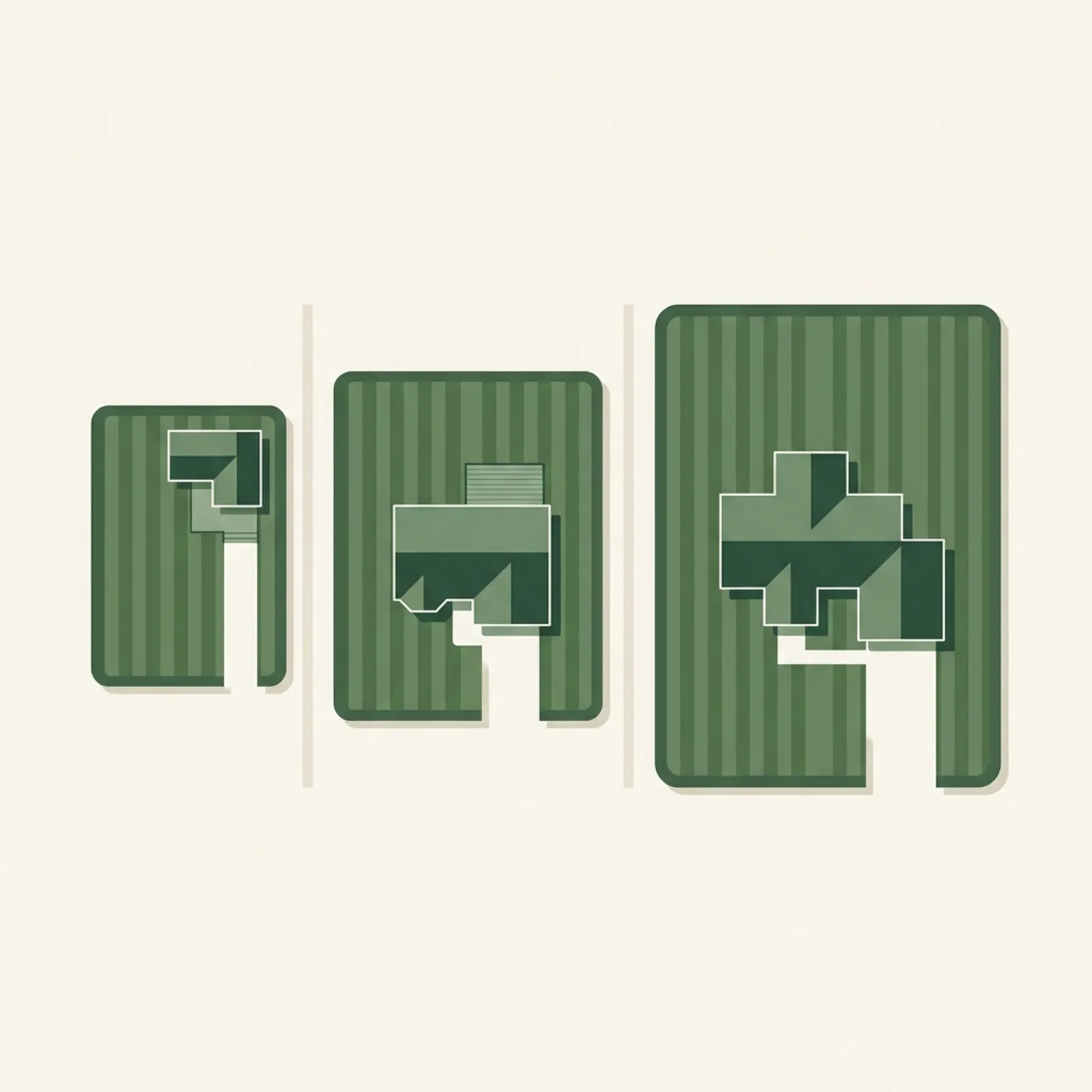 Four lawn areas drawn to scale, from a small city yard up to a full acre, each shown with the deck width and battery count that fits the job.
